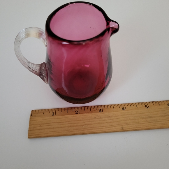Vintage Small Cranberry Optic Blown Glass Pitcher with Applied Clear Handle - Picture 15 of 15
